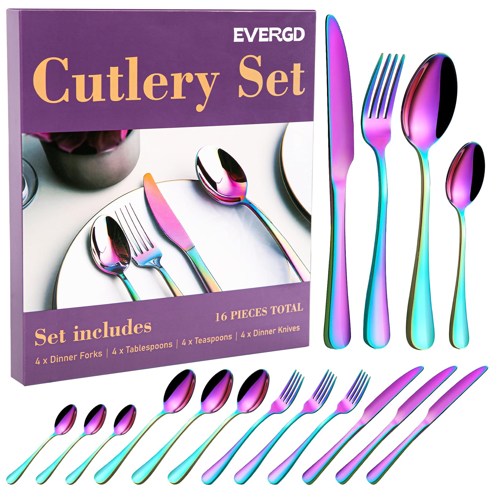 EVERGD Rainbow Cutlery Set, 16-Pieces Stainless Steel Tableware Set Colorful Romantic Dinner Set Rainbow Flatware Dinnerware Set