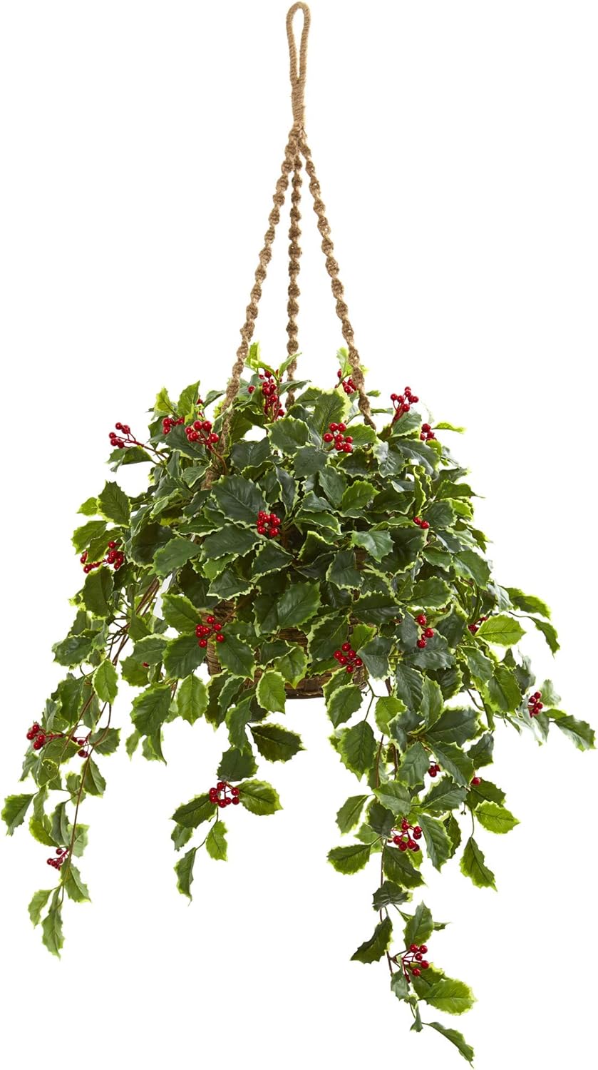 Nearly Natural 40” Variegated Holly with Berries Artificial Hanging Basket (Real