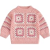 Infant Toddler Baby Girls Pullover Sweater Handmade Crochet Squarey Floral Crewneck Knitwear Fall Winter Clothes