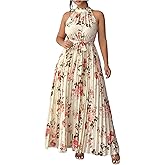 OYOANGLE Women's Plus Size Floral Sleeveless Halter Maxi Dress Boho Belted Pleated A Line Sundress