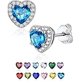 Dainty Sterling Silver Birthstone Stud Earrings, Heart Crystal Stud Earring, Jan - Dec Birthday Gift for women/Come with Box