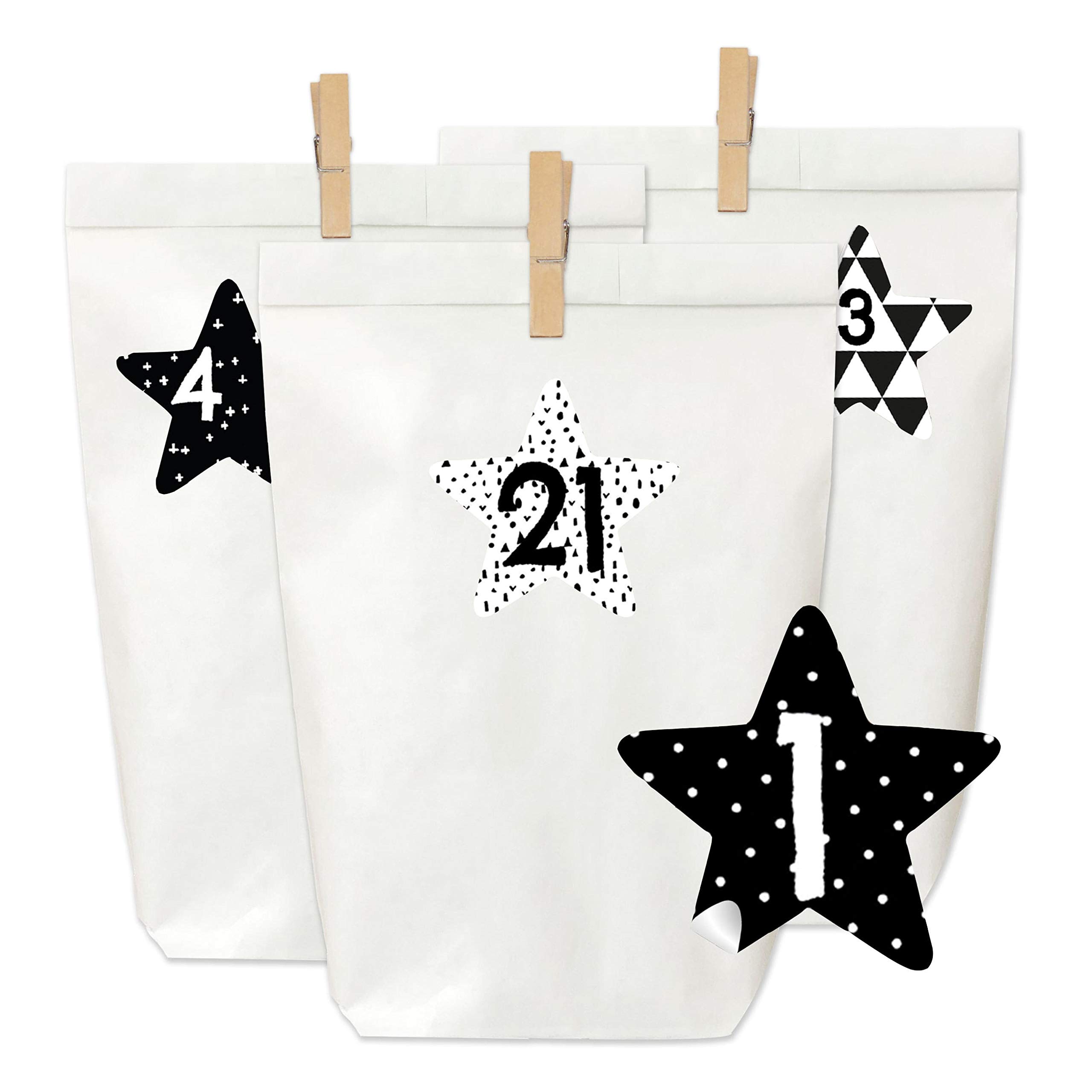 Papierdrachen Advent Calendar for filling - 24 paper bags with stickers and 24 wooden brackets - motif black and white star - 40