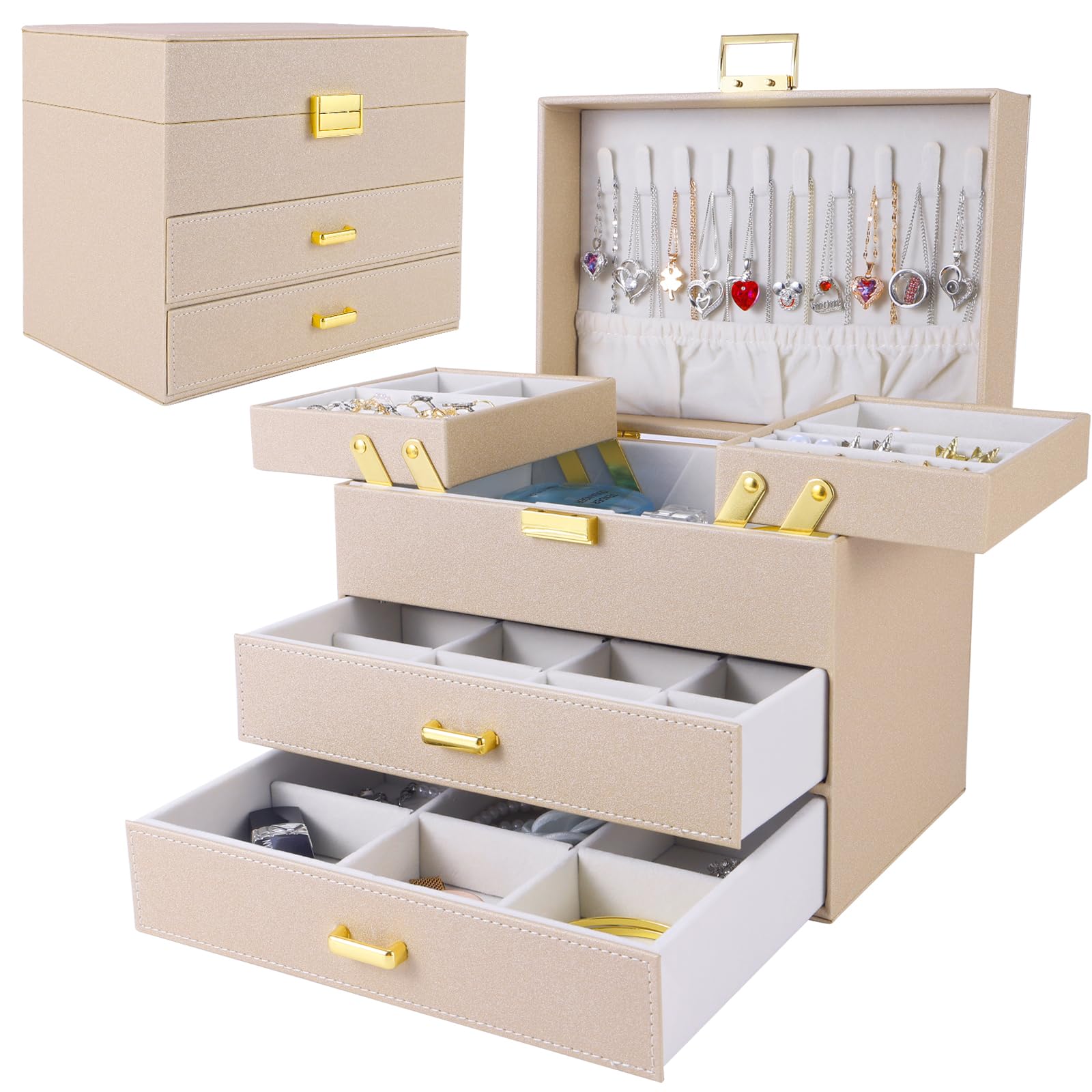Dajasan Dajasan Jewelry Organizer Box, Jewelry Holder Organizer Box, PU Leather Jewelry Box, Gift Idea for Valentine's Day, Birthday, Mother's Day, Christmas (Champagne)