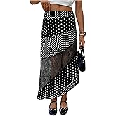 Verdusa Women's Polka Dots Skirt Lace Asymmetrical High Waist Elegant Midi Skirts