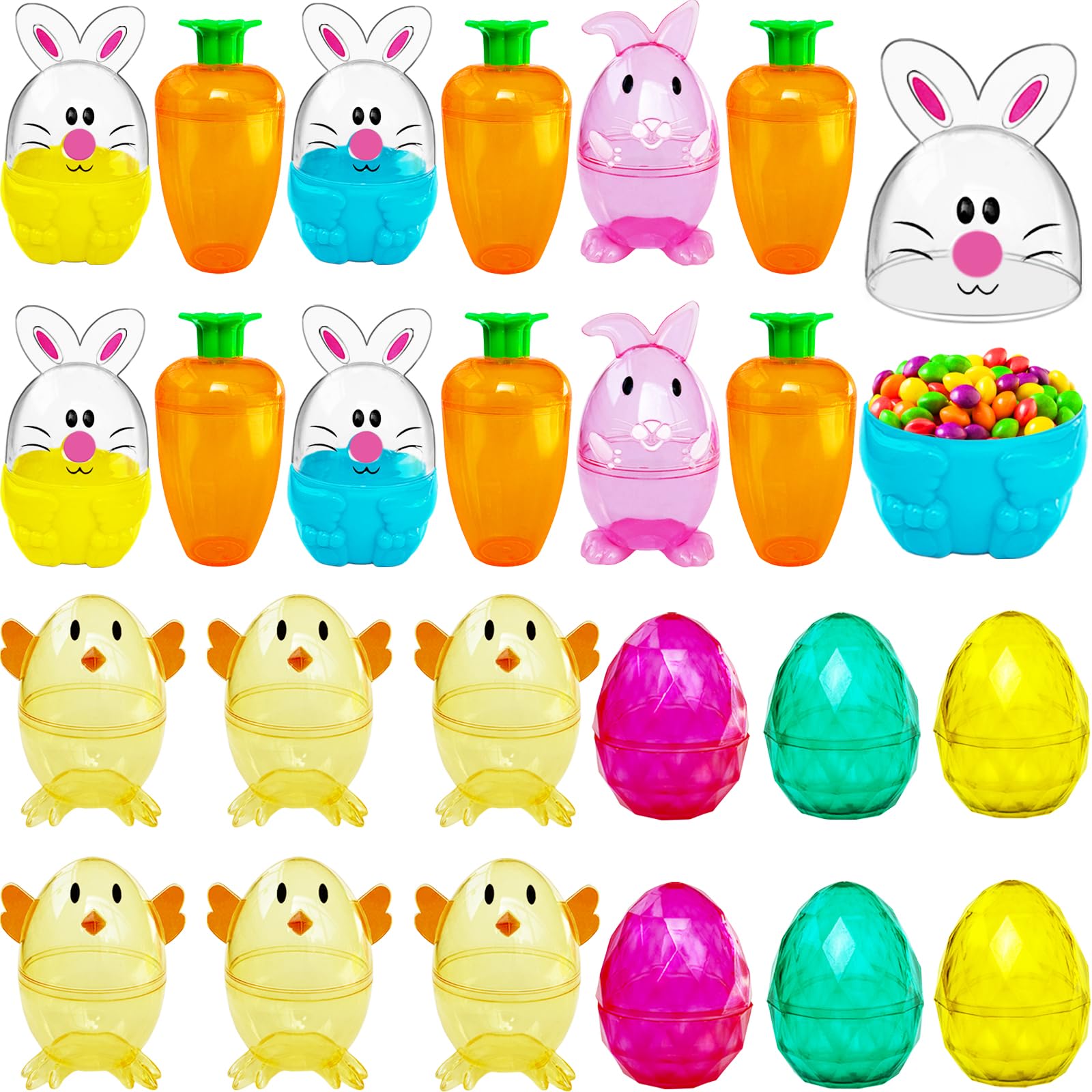 Photo 1 of Alaeseje 24 Pack Easter Plastic Fillable Containers,Clear Carrot Bunny Chick Shaped Treat Containers,Colorful Diamond Eggs for Easter Hunt Party,Basket Stuffers Filler