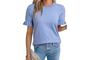 EVALESS Womens Sweaters Summer Tops Puffed Short Sleeve Causal Blouses Crew Neck Lightweight Knit Tops