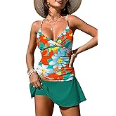 Pink Queen Women's Tankini Swimsuit 2 Piece Tummy Control Bathing Suit Ruched Tankini Tops with Swim Skirt Swimwear