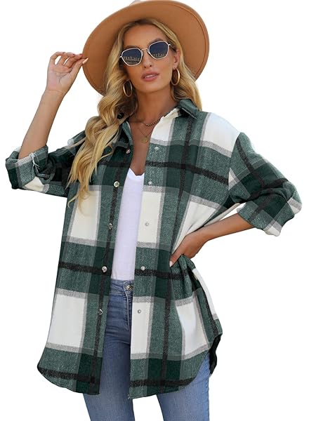 REACHME WOMENS OVERSIZED PLAID SHACKET WITH POCKETS BUTTON DOWN FLANNEL JACKET BRUSHED WOOL BLEND COATS(B-GREEN,XL)