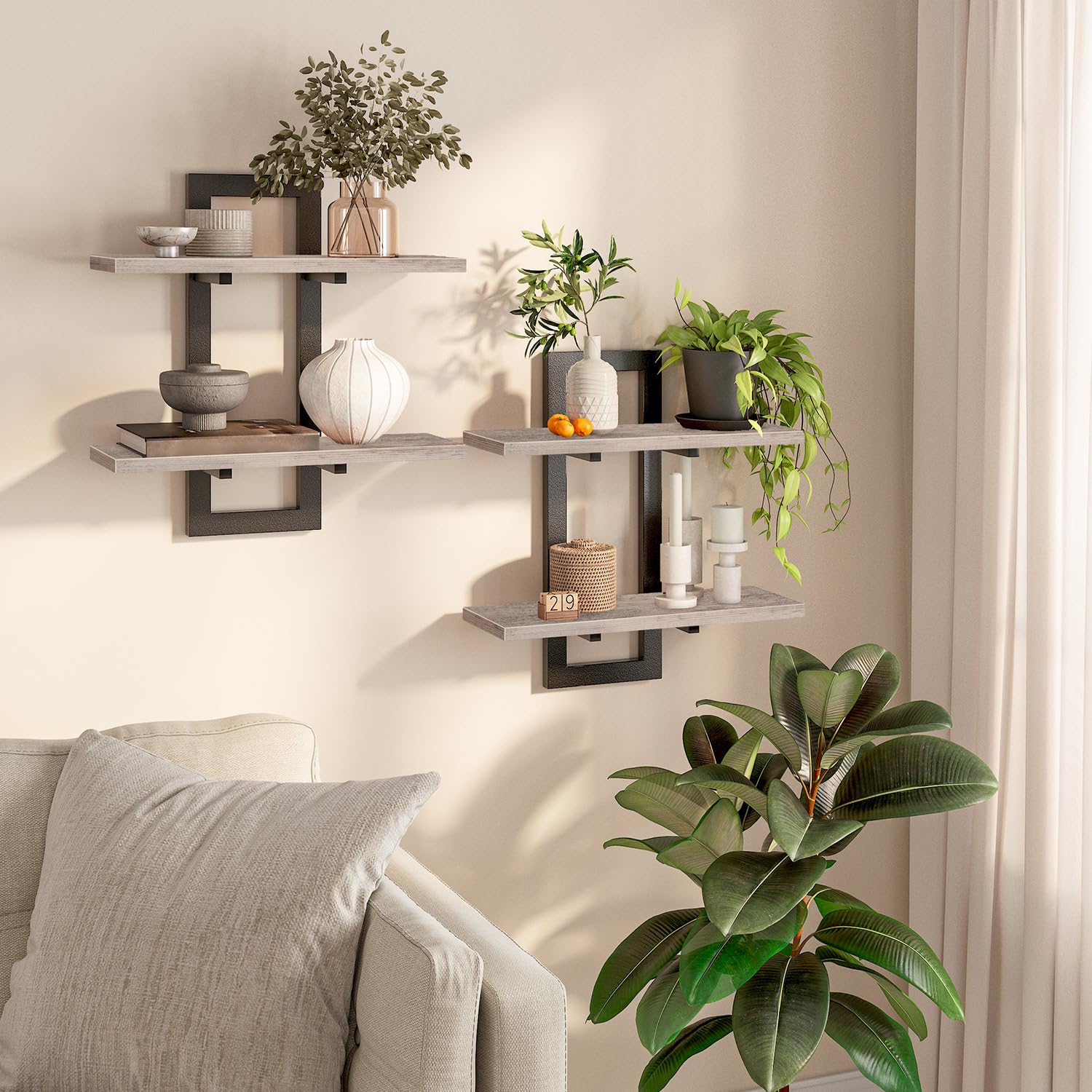 Photo 1 of HOOBRO Floating Shelves, 15 Inch Wall Shelf Set of 2, Wall Mounted Storage Shelves 2-Tier, Hanging Bathroom Shelves, for Living Room, Bedroom, Bathroom, Kitchen, Greige BG32BJ01
