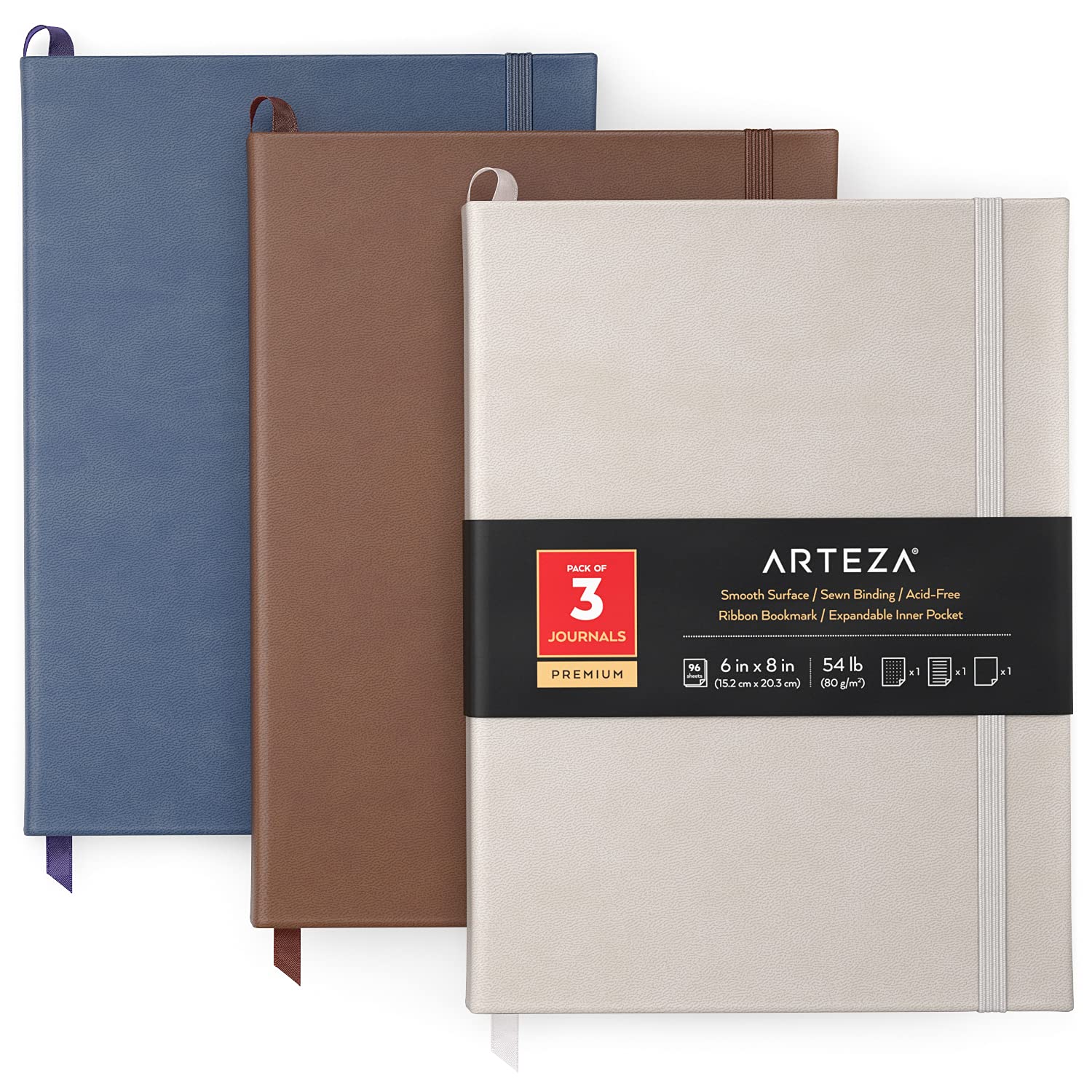ARTEZA Hardback Notebook 3-Pack, 15.2 x 20.3 cm, 96 Sheets, 1 Lined, 1 Blank, & 1 Dotted Journal, Grey Blue, Grey, and Brown Grey, with 80-gsm Smooth Writing Paper for Bullet Journaling & Note Taking