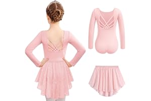 Zaclotre Ballet Leotards for Girls Long Sleeve Crisscross Back Dance Outfit with Removable Shiny Skirt Leotard Combo