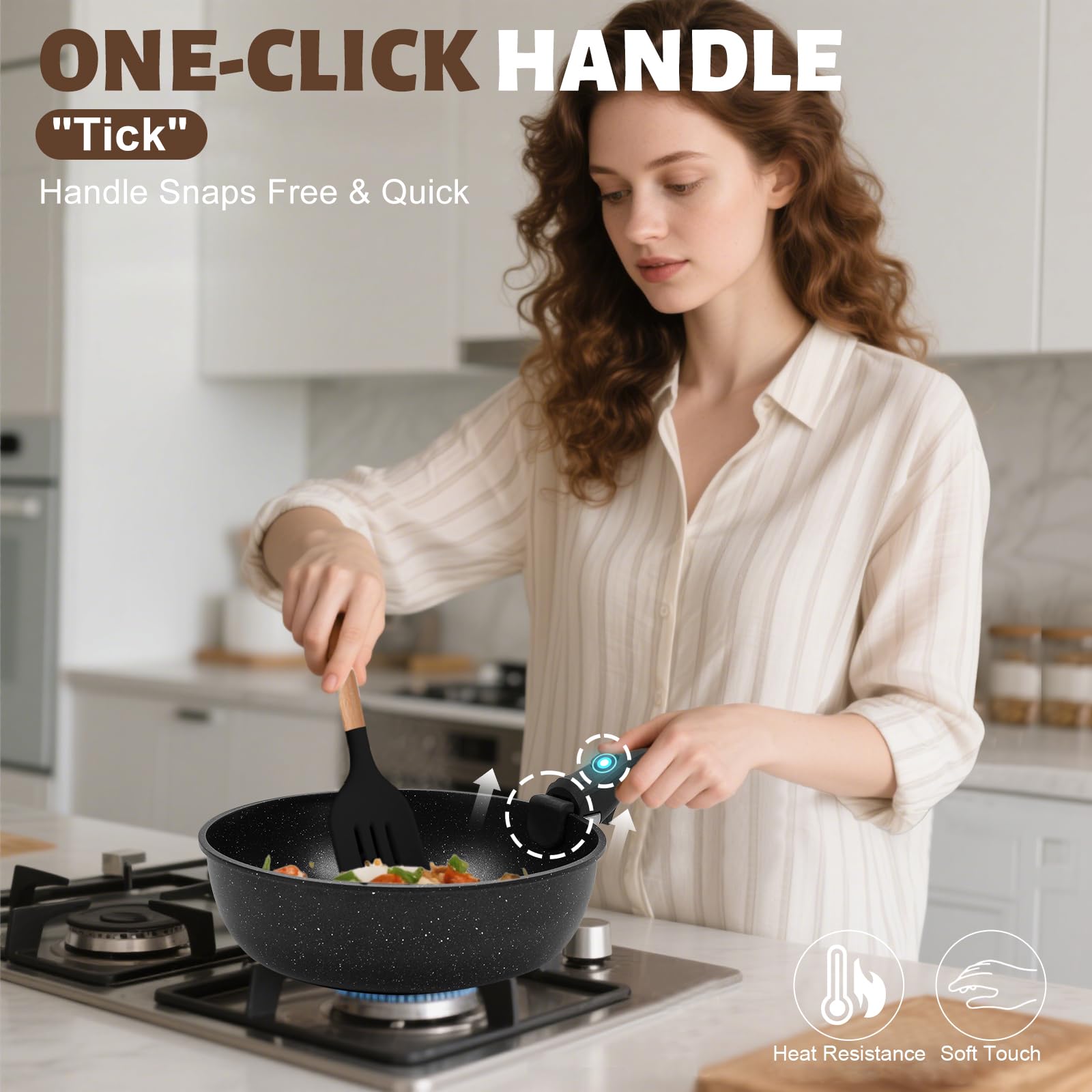 Numola 10 pcs Pots and Pan Set Non Stick with Detachable Handle, Ceramic Cookware Set for Stackable, Induction Kitchen Cookware Set for RV, Dishwasher ＆ Oven Safe, Black