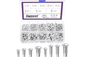 Swpeet 400Pcs M2 M2.5 M3 M4 × 6mm 8mm 10mm Solid Aluminum Brazier Head Rivets Assortment Kit, Half Round Head Solid Knurled R
