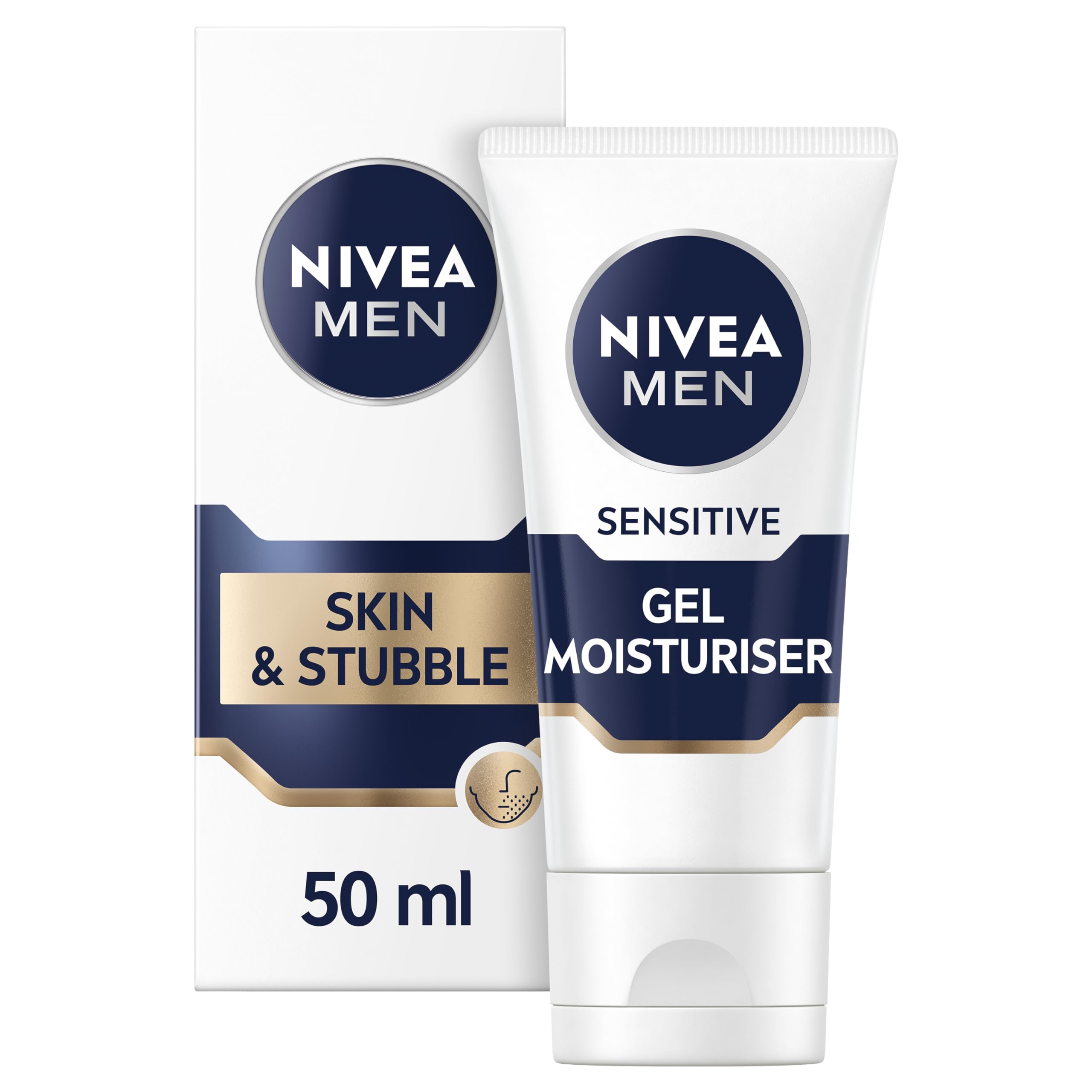 NIVEA MEN Sensitive Skin & Stubble Gel Moisturiser (50ml), Men's Face Cream for Daily Use, Gel Moisturiser with Vitamin E, Provitamin B5 and Chamomile Extract