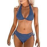 CUPSHE Women's Bikini Sets Two Piece Swimsuit Plunging Neck Halter Cheeky Bottom Low Rise Strappy Side Tie