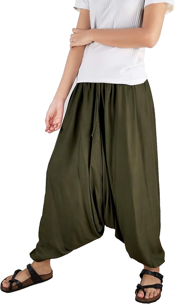 Amazon レーヨン ハマーパンツ サルエルパンツ アラジンパンツ メンズ レディース カーキ ロングパンツ 通販