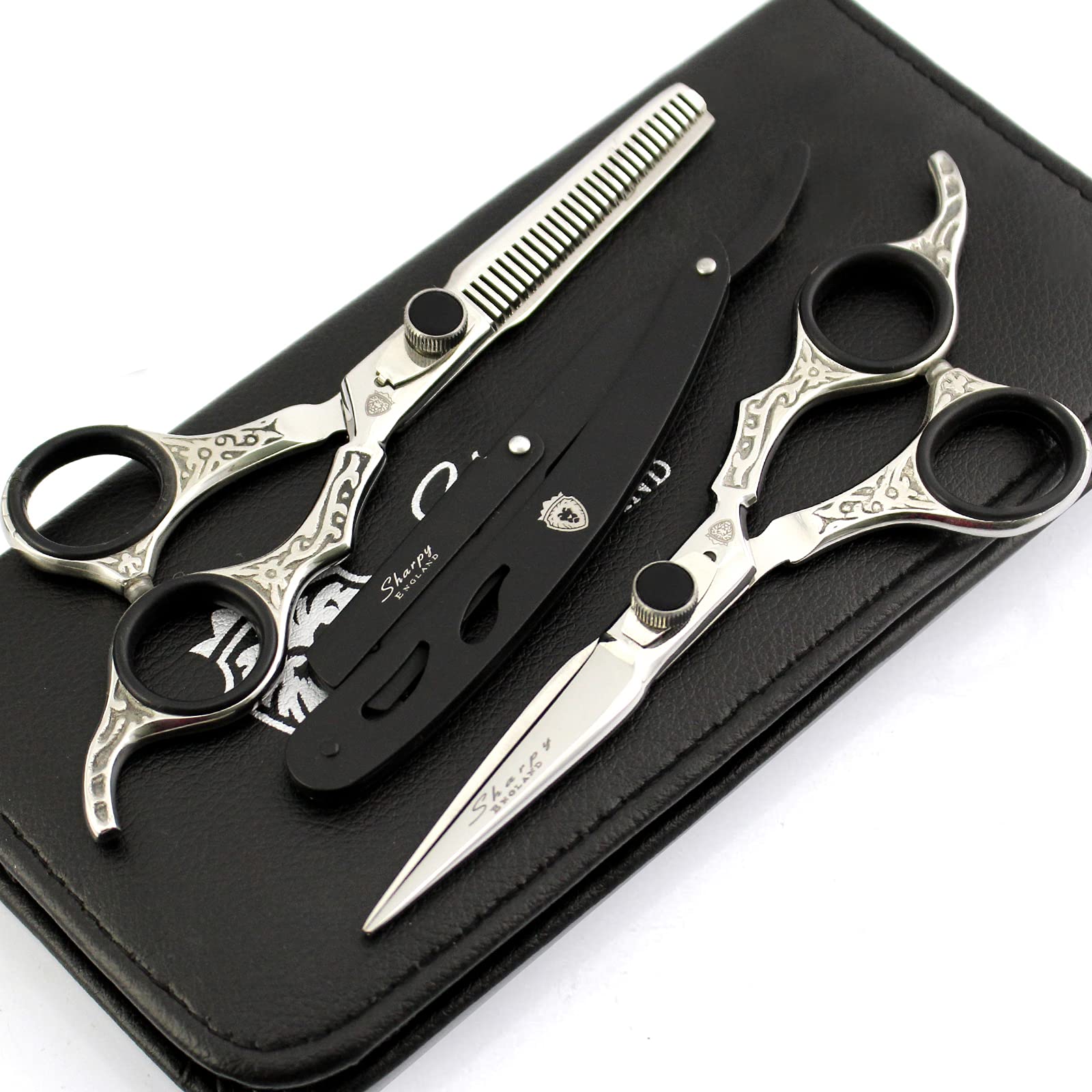 New Professional Salon Hair Cutting+Thinning Scissors Barber Shears Hairdressing Set 6.5" Barber Razor Hair Tools Black Silver Gift Set