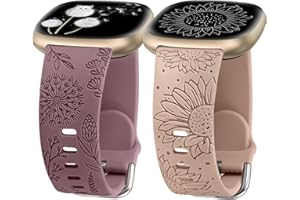 Minyee 2 Packs Floral Engraved Band Compatible with Fitbit Versa 4/Versa 3/Sense 2/Sense Band Women, Cute Silicone Dandelion Sunflower Design Soft Sport Fancy Summer Strap for Versa 4