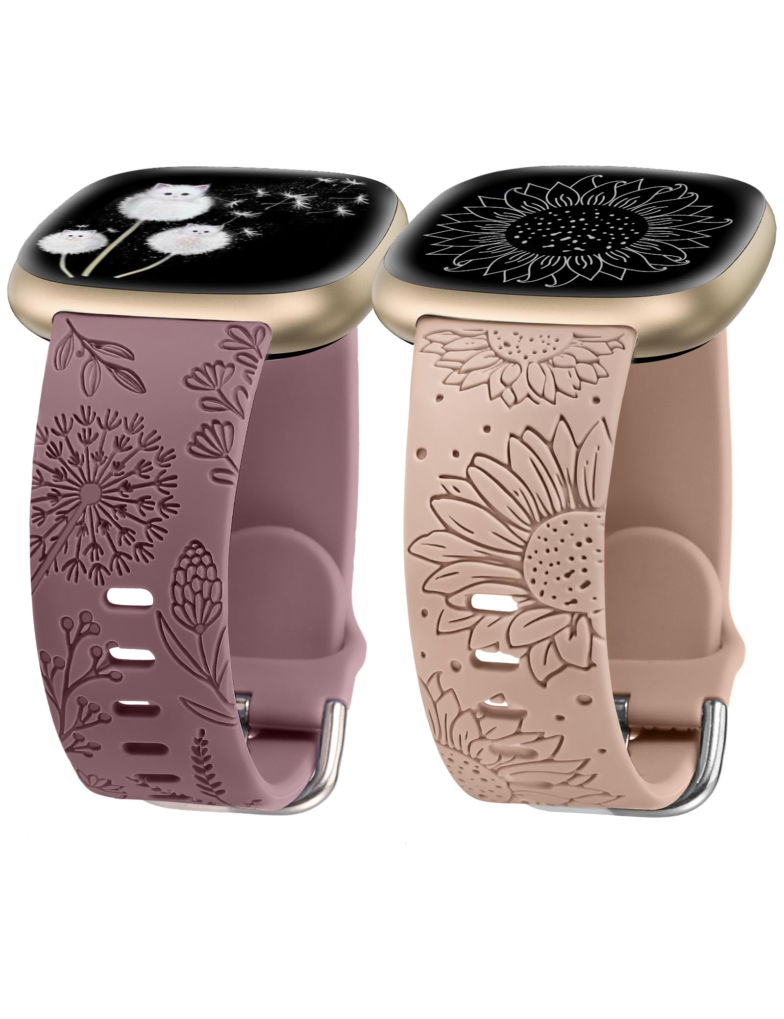 Photo 1 of Minyee 2 Packs Floral Engraved Band Compatible with Fitbit Versa 4/Versa 3/Sense 2/Sense Band Women, Cute Silicone Dandelion Sunflower Design Soft Sport Fancy Summer Strap for Versa 3
