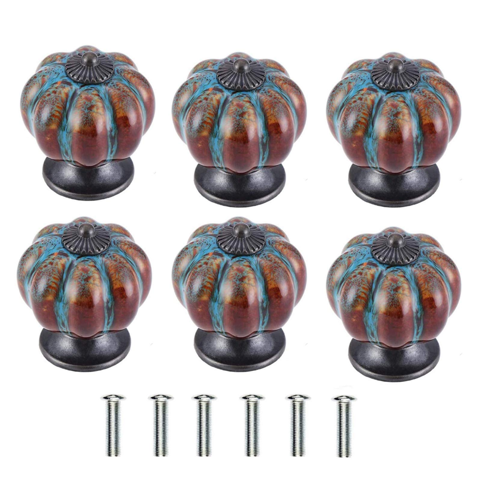 KanDery 6PCS Vintage Drawer Knobs - Chic Leopard and Antique Pumpkin Kitchen Cabinet Knobs, 40mm Round Blue Ceramic Handles