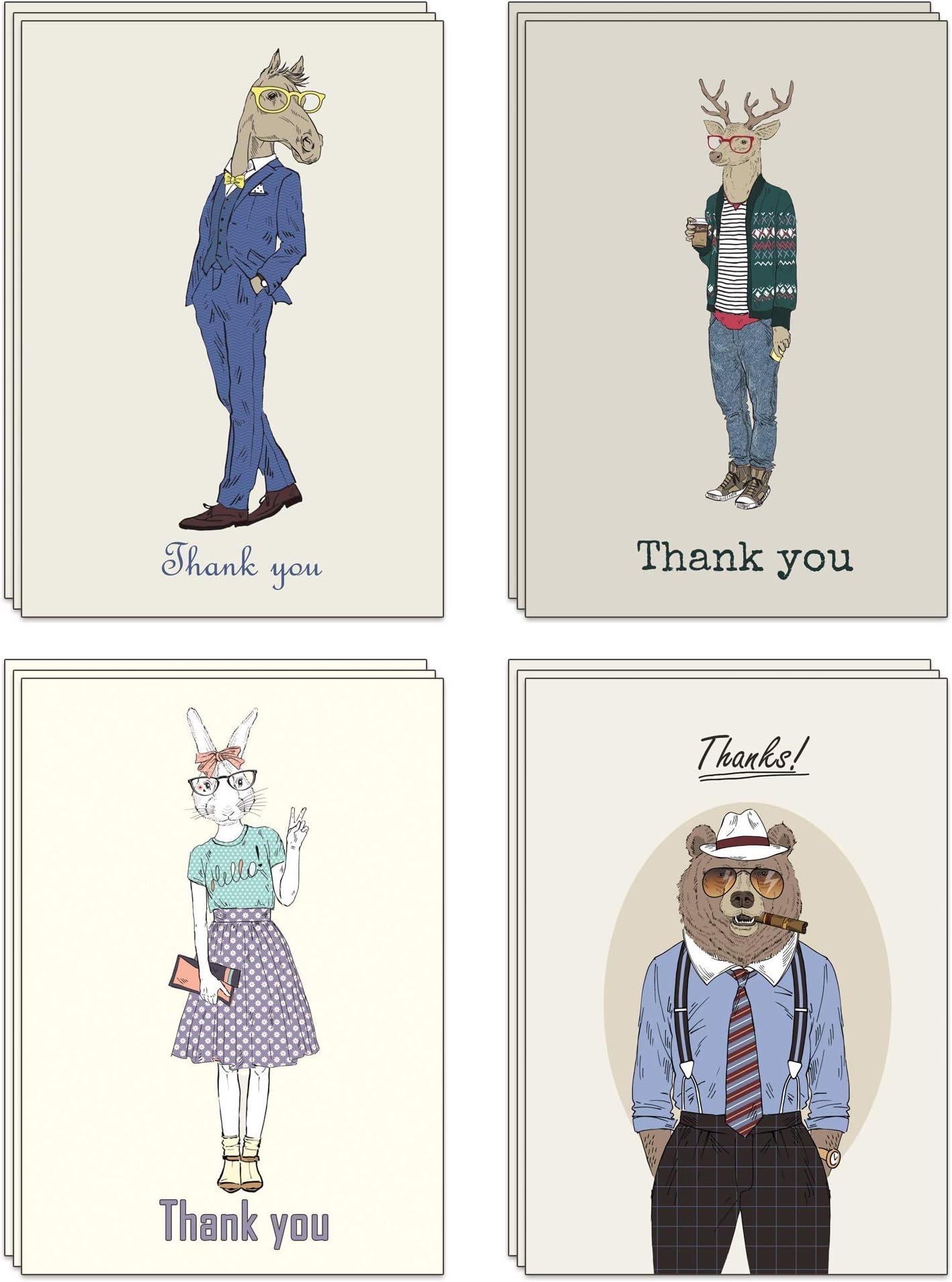 Earth Friendly Thank You Cards Made from Recycled Card with Recycled Green Envelopes (40 x Animal Hipster)