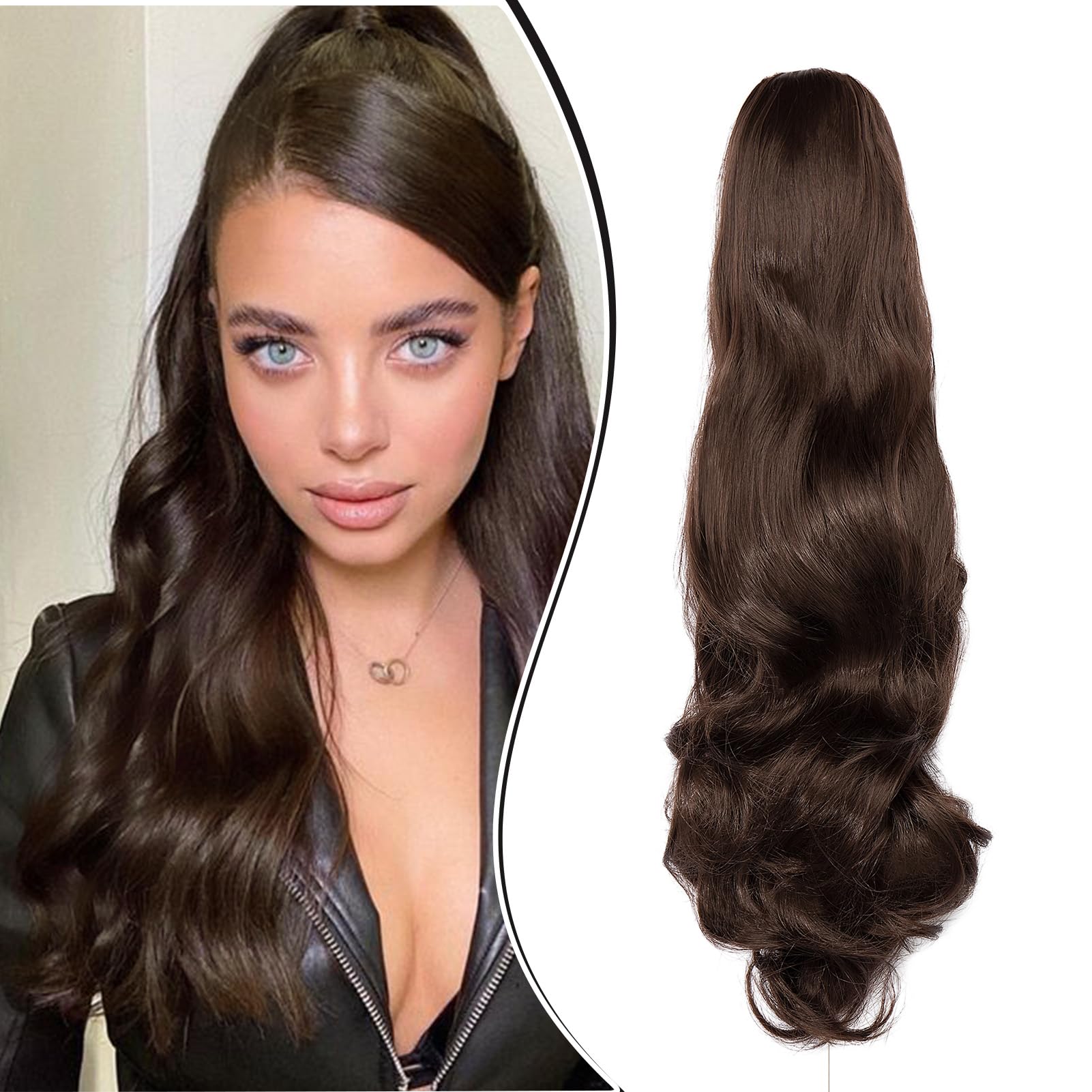 Dcbaboo Ponytail Extension Curly 18inch Claw Clip in Ponytail Hair Extensions Long Wavy Synthetic Pony tails Natural Wave One Piece Hairpiece Fake Ponytail for Women, Ash Brown — image 1