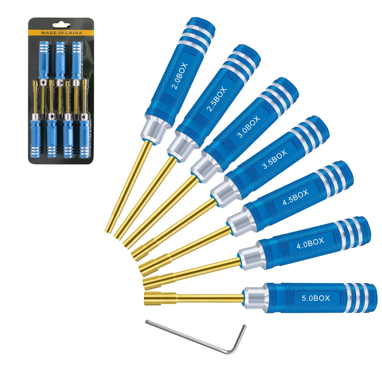 Craznick 7Pcs Metric Hex Nut Screwdriver Set 2.0 mm 2.5 mm 3.0 mm 3.5 mm 4.0 mm 4.5 mm 5.0 mm RC Tool Kit Socket Wrench for Axial SCX24 Wheel Attachment RC Models Car Boat Helicopter Quadcopter Blue