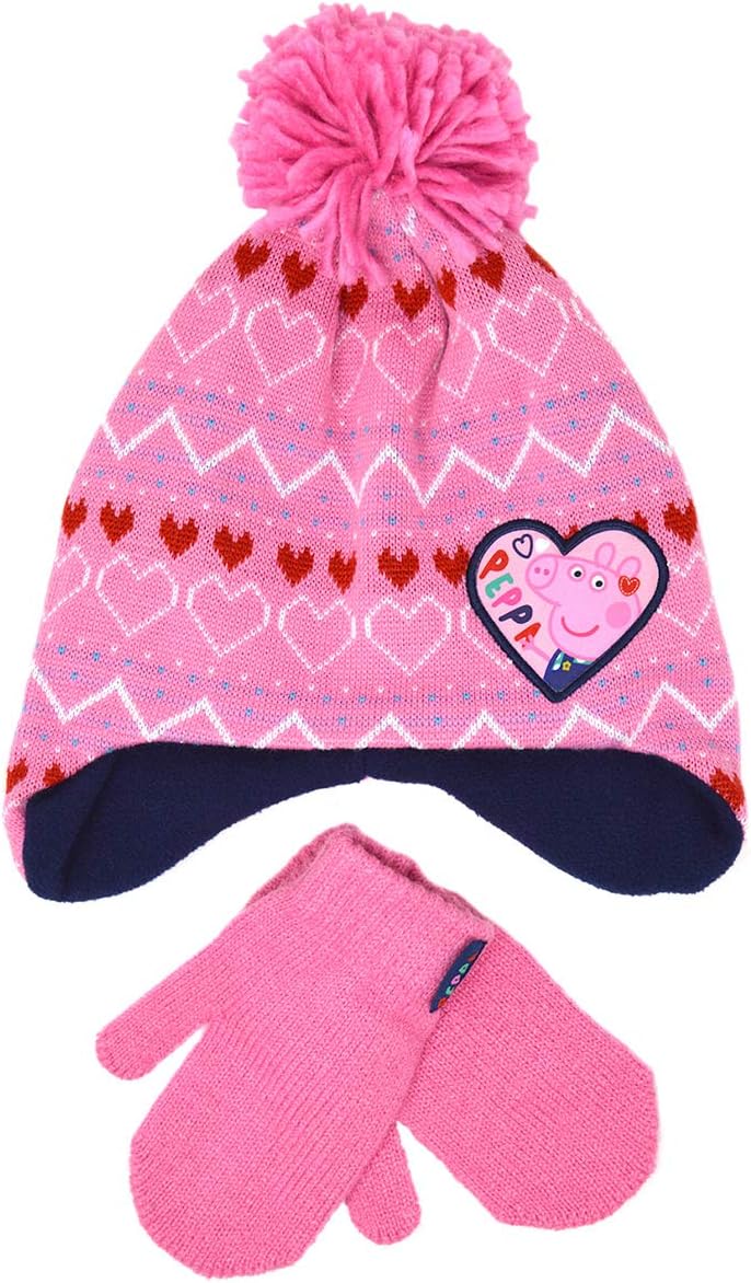 Peppa Pig Girls Winter Festive Fair Isle/Nordic Beanie Bobble Hat and Mitten Gloves 2-Piece Set