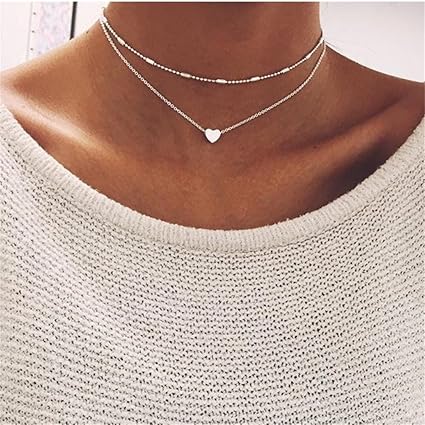 A-goo Halskette Für Damen Silber Choker Mehrreihig Kette und fürhänger Halsband Kette