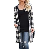 Lacozy Women's Open Front Long Cardigan Draped Snap Buffalo Plaid Shirt Kimono Cardigan Knit Sweater