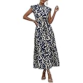 winkbay Women's Boho Print Tiered Ruffle Dress Mock Neck Belted Flowy Midi Sundress Beach Vacation Dresses