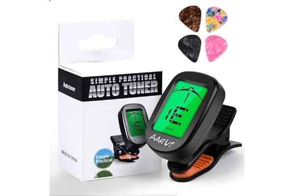 Clip On Guitar Tuner for All Instruments, Acoustic/Electric Guitar, Ukulele, Bass, Violin, Banjo, Large Clear LCD Display for Guitar Tuning, Chromatic Tuner, 4 Pack Guitar Picks Included