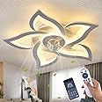 HuixuTe Ceiling Fan with Lights Remote Control, 3 Colors, 6 Speeds, 24" Geometric Bladeless Ceiling Fan, White Low Profile Ceiling Fan with Light for Kitchen Bedroom