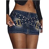MakeMeChic Women's Bodycon Denim Mini Skirt Grommet Eyelet Zip Up Low Rise Y2K Jean Skirts