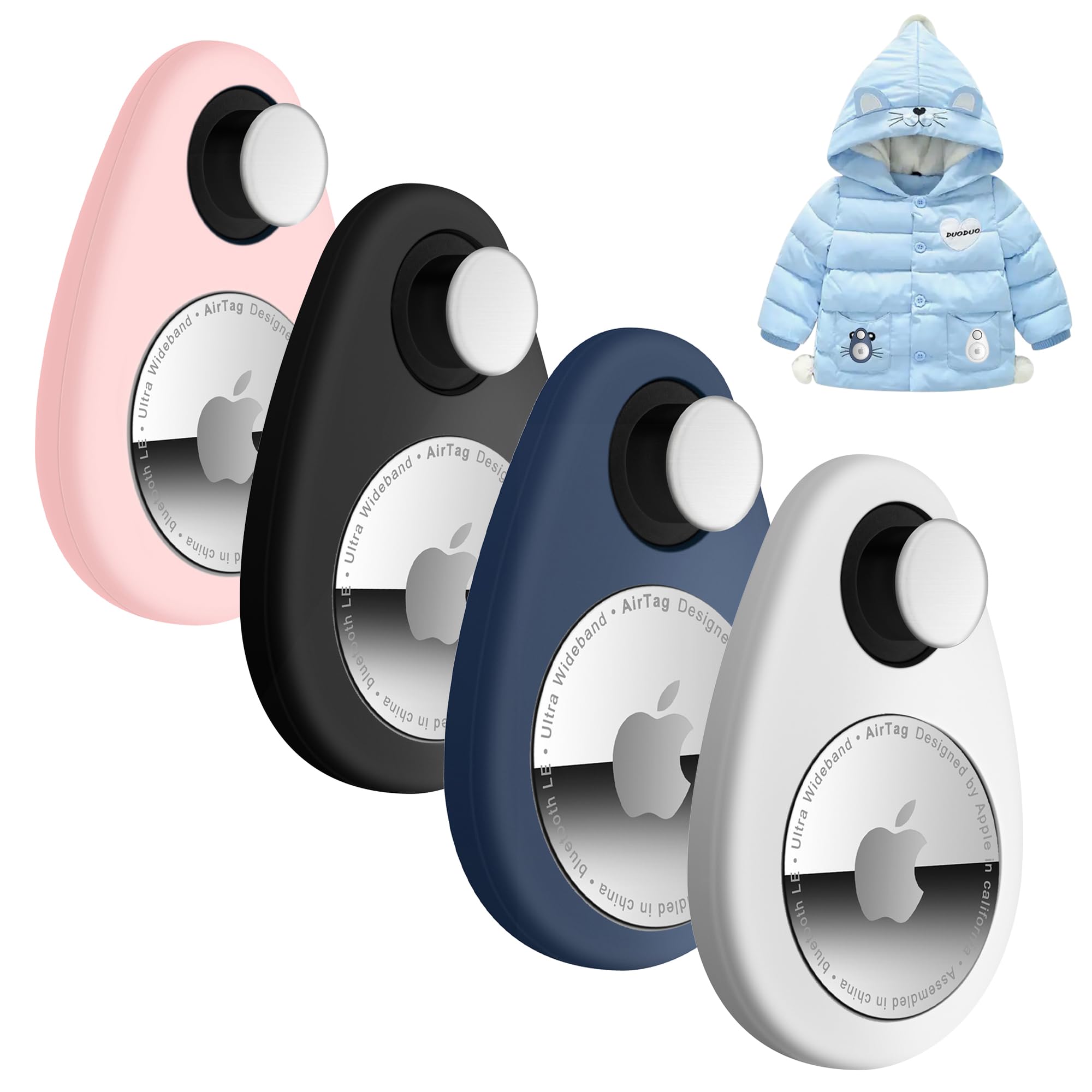 Airtag Holder Hidden 4 Pack GPS Tracker Case, Anti-Removal Airtag Silicone Case with Pins, Suitable for Children, Elderly, Pets, Backpack, Luggage(Black,White,Blue,Pink)