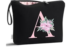 Vavabox A-Z Personalized Makeup Bag, Birthday Gifts for Women Mom, Gifts for Best Friend, Bride Bridesmaid Cosmetic bag (A, Black)