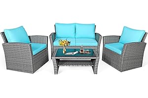 DORTALA Wicker Patio Furniture Set 4 Piece, Outdoor Table and Chairs with Tempered Glass Tabletop, Loveseat, Cushions, Rattan