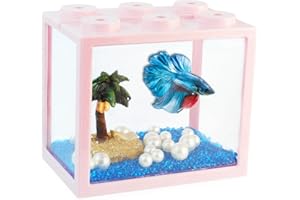 TSXUREPAW Small Betta Fish Tank, Stackable Mini Aquarium Tank Kit with Aquarium Gravel Pearl Decoration, 3/5 Gallon Fish Bowl Tiny Cube Tank for Seaweed Balls Sea Monkeys,Pink