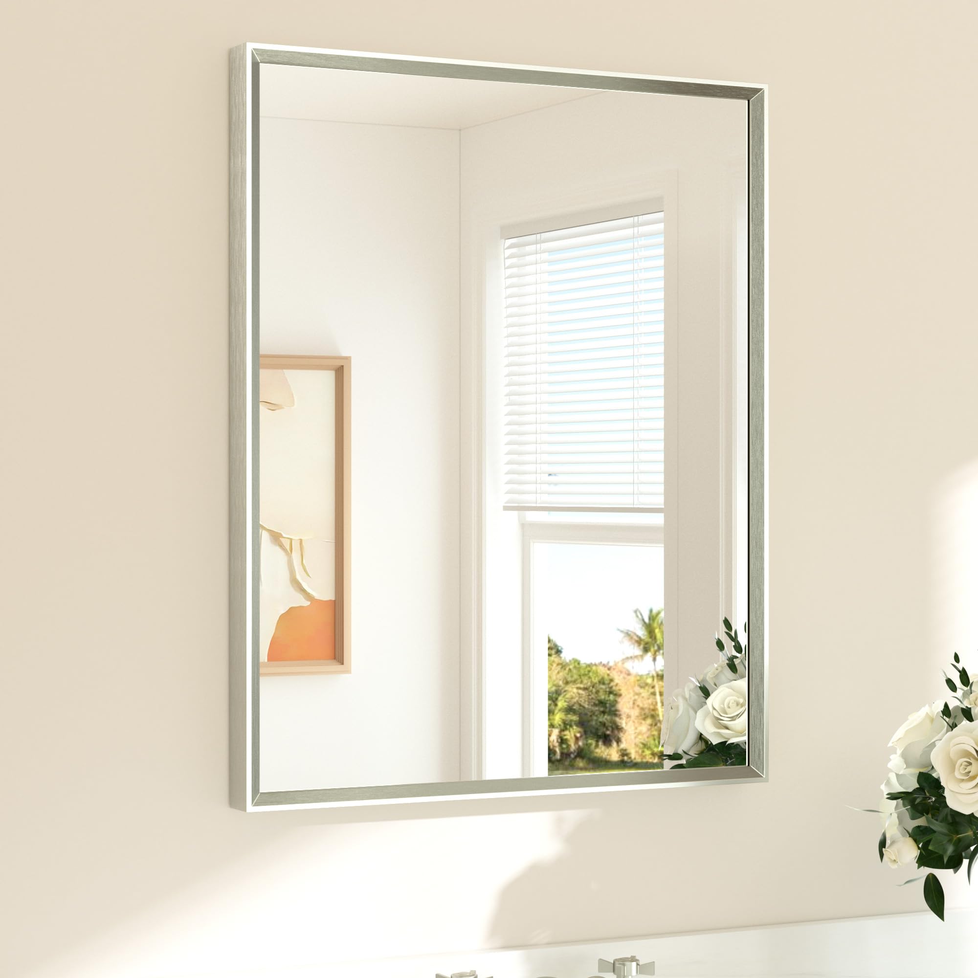 Photo 1 of ***CORNER EDGE FRAME DAMAGE***
TETOTE Brushed Nickel Bathroom Mirror 24" x 30" Rectangle Beveled Frame Bathroom Vanity Mirror for Over Sink Brushed Nickel, Tempered Glass, Stronger Frame, Modern Farmhouse Bedroom, Entryway