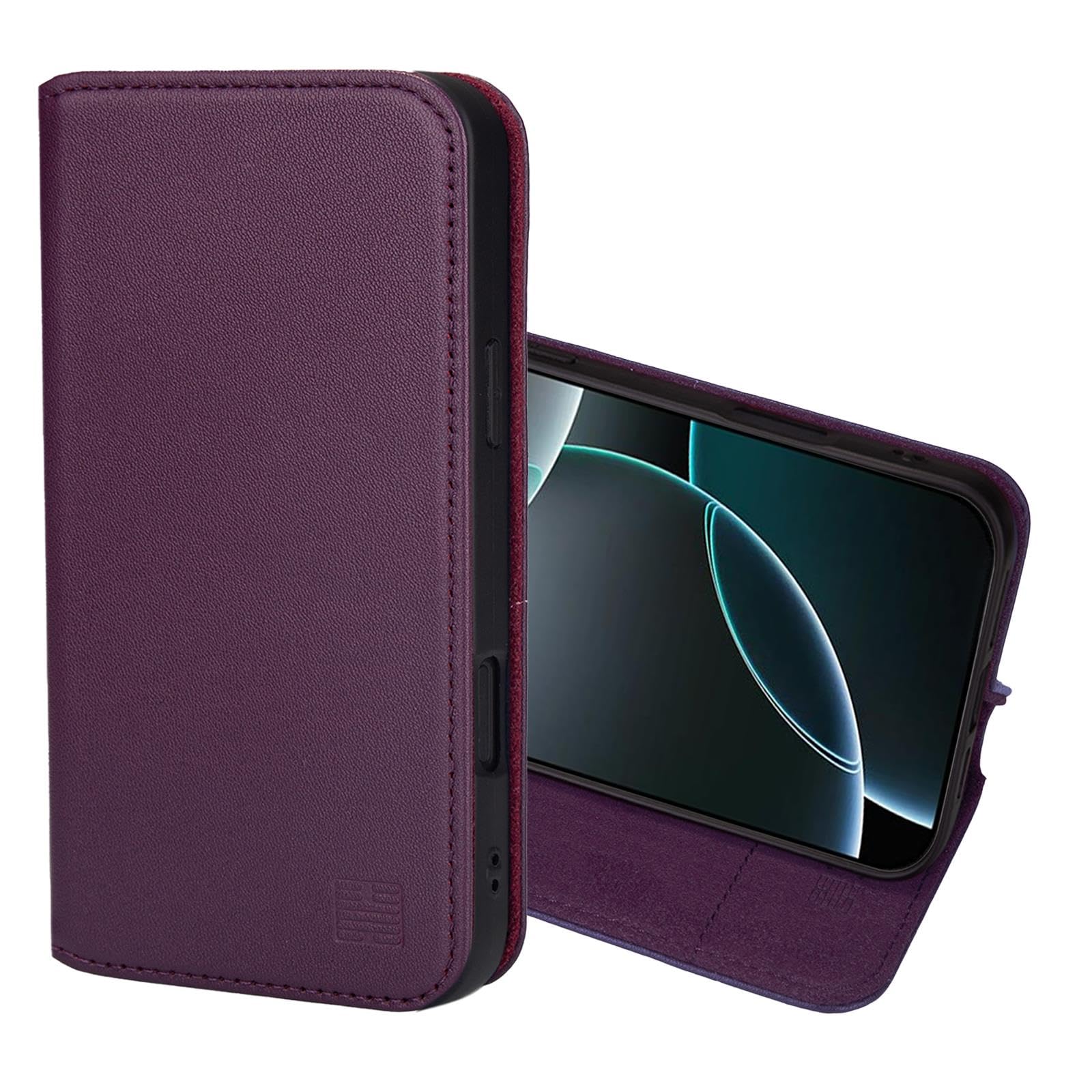 32nd Classic Series 2.0 - Real Leather Book Wallet Flip Case Cover For iPhone 16 Pro (6.3"), With RFID Blocking Card Slot, Magnetic Closure and Built In Stand - Aubergine
