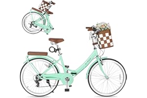 SAHISTCT 24/26 Inch Folding Beach Cruiser Bike for Women,7 Speed Hybird Commute Bicycles,Womens Bicycle with Basket for Adults, Dual V-Brake and Adjustable Seat