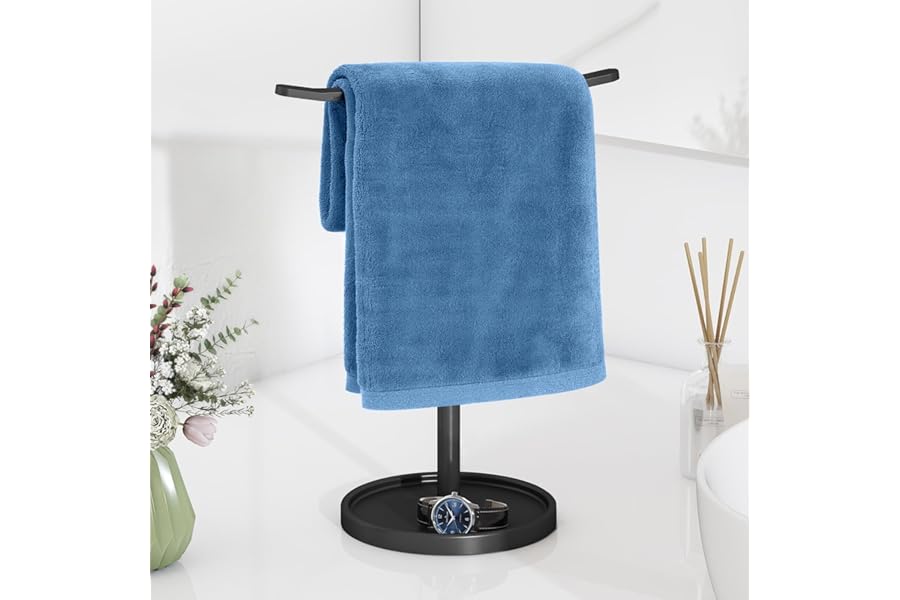 STWWO Hand Towel Holder, Stainless Steel Towel Holder Stand for Bathroom, Kitchen Countertop, T-Shaped Hand Towel Rack Stand, Black