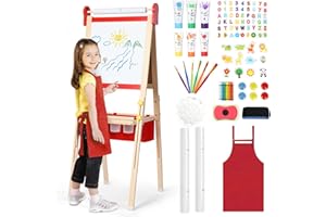 KIDINIX Kids Easel 3-1,Magnetic Chalkboard & Whiteboard, Paper Painting, Big Storage with Canvas Bag, Painting Sets with Finger Paints,Chalks,Brushes,Number Letters Magnets, Apron, Gift for Kids, Red