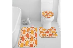 Arttown Fall Landscape Bathroom Rug Set of 3, Autumn Orange Pumpkins Leaves 3 Pieces Bath Mats Set for Bathroom, No Silp Washable Cover Floor Rug Decorations for Kitchen Bathroom Bedroom