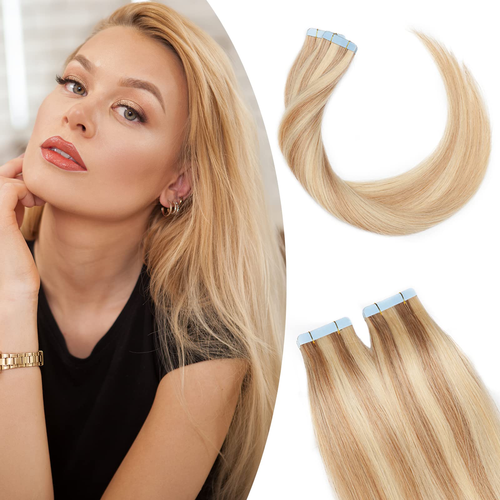 12 inch SEGO Tape in Hair Extensions Human Hair 10PCS [#18/613 Ash Blonde&Bleach Blonde] Straight (20g)