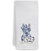 HIWX Cat Mom Kitchen Towels, Blue Chinoiserie Floral Kitty Decorative Kitchen Dish Towels, Cat Mom Lady Lovers Owners Gifts for Women Hand Towels for Bathroom Decor, 16x24 Inches