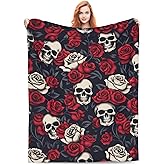 VODRM Horror Skull Blanket Gifts for Kids Adults Soft Warm Lightweight Cozy Gothic Red Rose White Black Skulls Throw Blankets for Bed Living Room Sofa Couch Halloween Goth Decor 50x60in