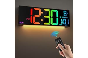LEIKE 16.2'' Large Digital Wall Clock with Remote Control, Big LED/Dual Alarm/8 RGB Colors/Auto Brightness/Date/Auto DST/Temperature/Night Light Gym Clocks for Living Room Bedroom Office Wall Decor