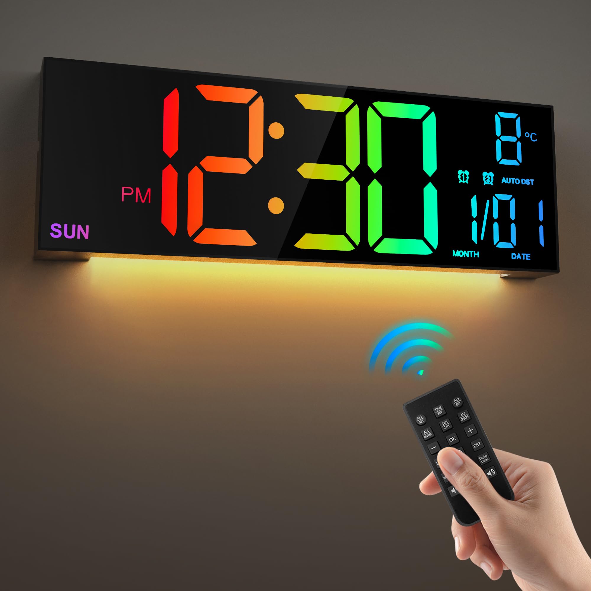 Photo 1 of LEIKE 16.2'' Large Digital Wall Clock with Remote Control, Big LED/Dual Alarm/8 RGB Colors/Auto Brightness/Date/Auto DST/Temperature/Night Light Gym Clocks for Living Room Bedroom Office Wall Decor