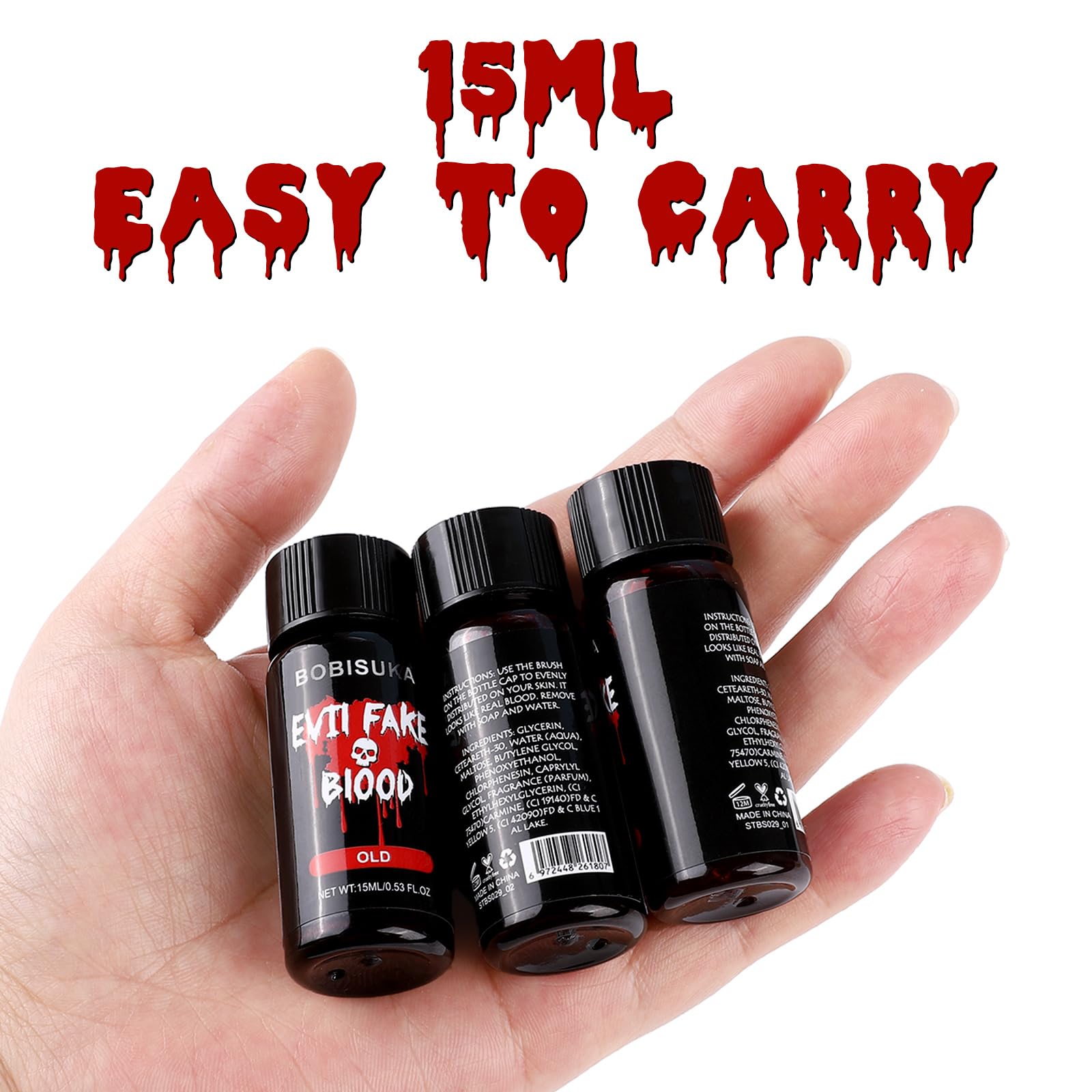 BOBISUKA Halloween Fake Blood, Fresh Fake Blood 0.53oz, Realistic Washable Liquid Dripping Fake Blood Makeup Kit for Halloween, SFX Makeup, Cosplay Party, Stage, Horror Film